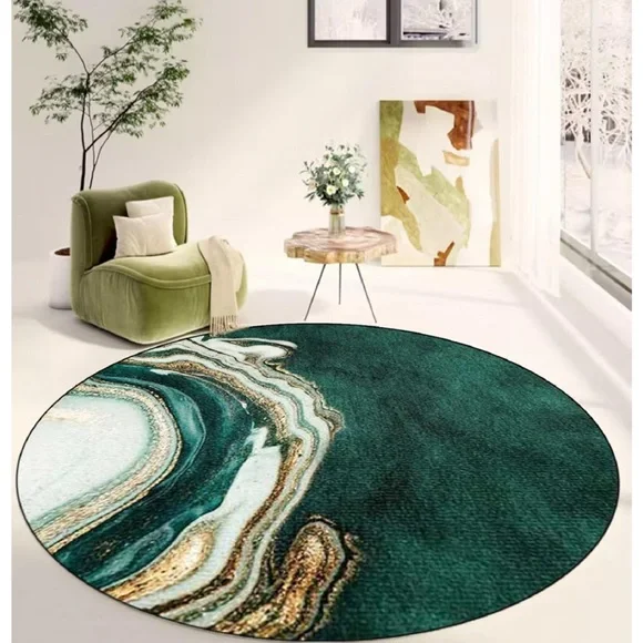 Small Round Green Marble Rug 2ft Emerald Green Area Rugs Washable Abstract - Picture 2 of 4